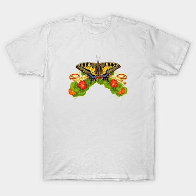 Old World Swallowtail Butterfly and Nasturtiums T-Shirt by PatriciaSheaArt